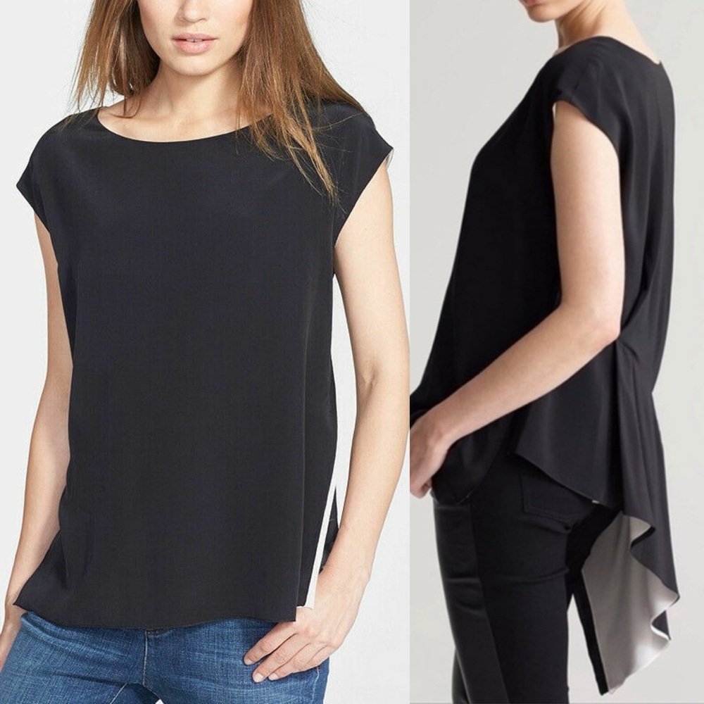 Eileen Fisher Reversible Silk Crepe de Chine Asymmetric Top Black Cream Size L